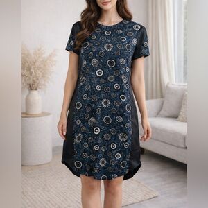 Munthe Blue and Black Patterned Silk Shirt Midi Dress